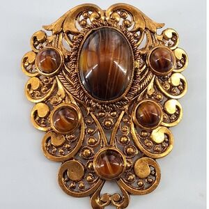 Vintage West Germany Gold Filigree Brooch Pendant Faux Tiger Eye Amber Ornate